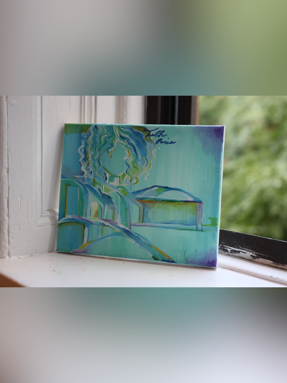 Signed Abstract Coastal Scene Canvas Art in Teal and Aqua